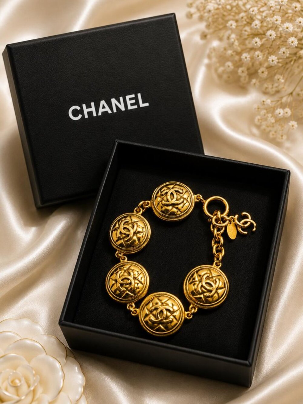 Authentic Chanel Vintage CC Logo Gold Tone Medallion Chain Bracelet